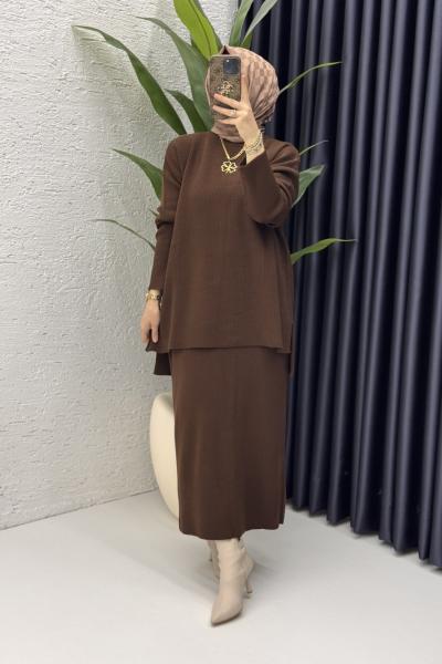 Asel Etekli Takım Tesettür Giyim  Kahverengi