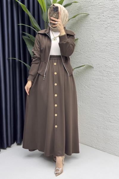 Dilruba Etekli Takım Tesettür Giyim  Kahve