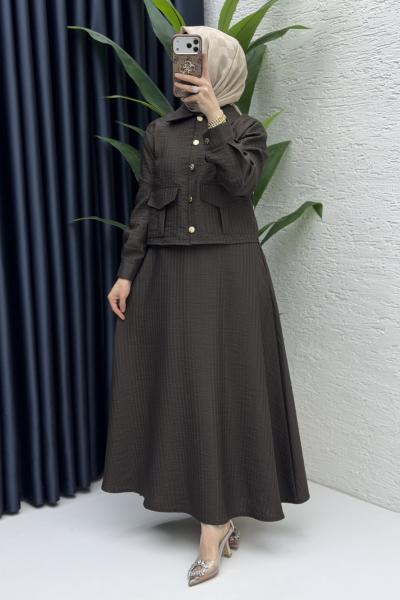 Laya Etekli Takım Tesettür Giyim  Acı Kahve