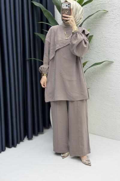 Rezzan Pantalonlu Takım Tesettür Giyim  Vizon
