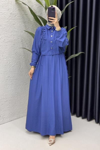 Şevval Elbise Tesettür Giyim Saks Mavisi