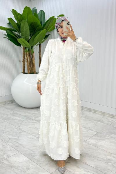 Beyaz Saçaklı Elbise Tesettür Giyim