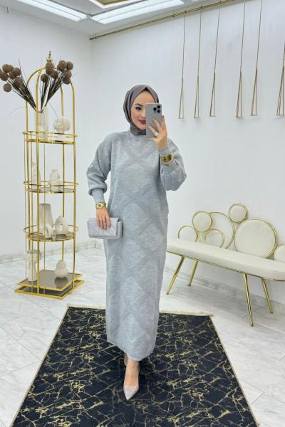 Gri Baklava Triko Elbise Tesettür Giyim