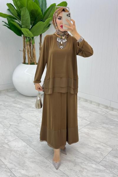 Kahve Premium Aksu Etek Takım Tesettür Giyim