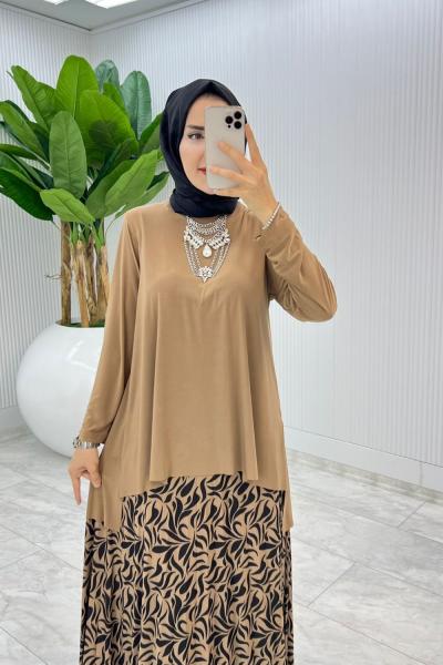 Kahve Su Damlası Etek Takım Tesettür giyim