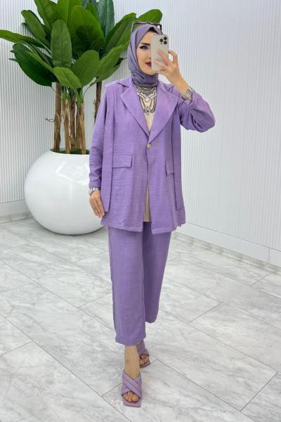 Lila Tek Düğme Ceket Takım Tesettür Giyim