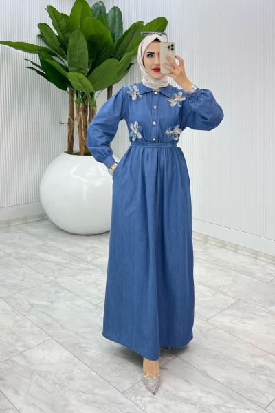 Mavi Selda Tensel Kot Elbise Tesettür Giyim