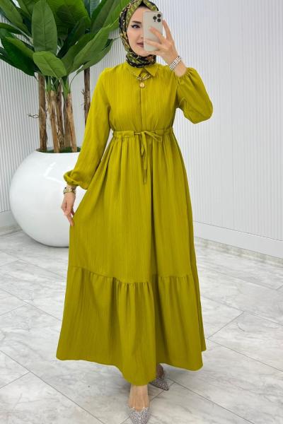 Yağ Yeşili Sehya Elbise Tesettür Giyim