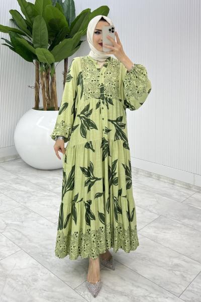 Yeşil Yaprak Desen Elbise Tesettür Giyim