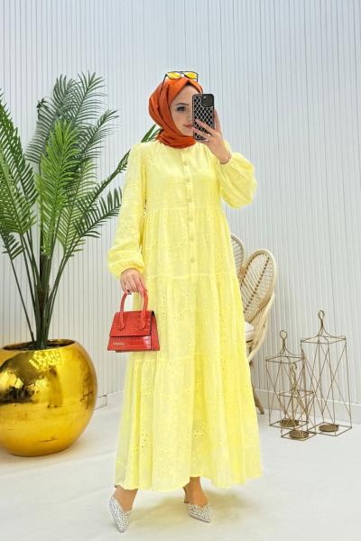 Helen Tesettür Elbise Sarı Sarı