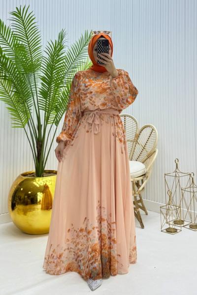 Henna Tesettür Elbise Turuncu Turuncu