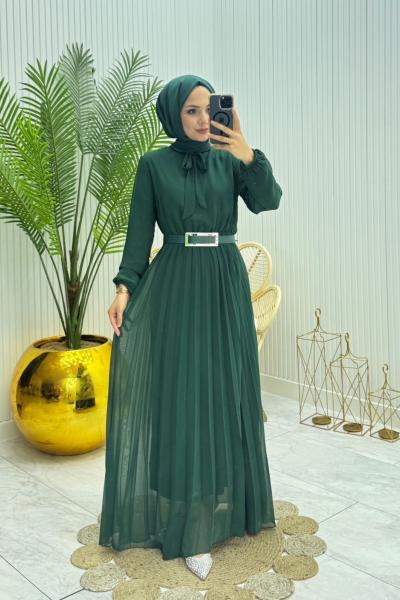 Piliseli Şifon Elbise Zümrüt  Zümrüt