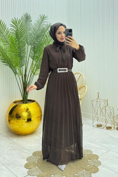 Piliseli Tesettür Elbise Kahverengi  Kahverengi