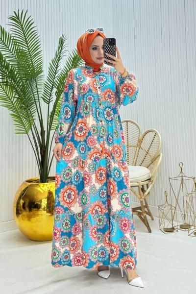 Rengarenk Tesettür Elbise Turkuaz  Turkuaz