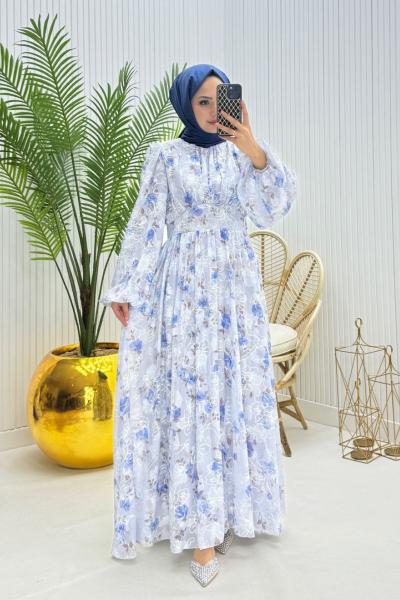 Yaprak Tesettür Elbise Mavi Mavi